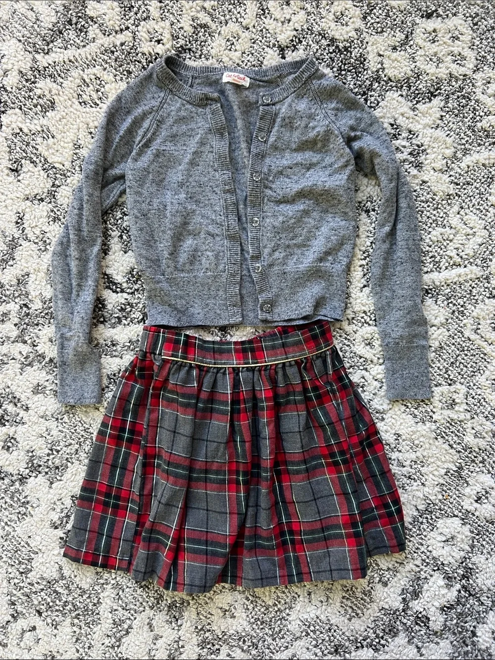 Carter's Gray Cardigan with Red and Gray Plaid Skirt